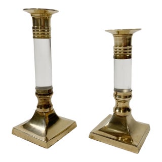 Brass and Acrylic Candlestick Holders - A Pair For Sale