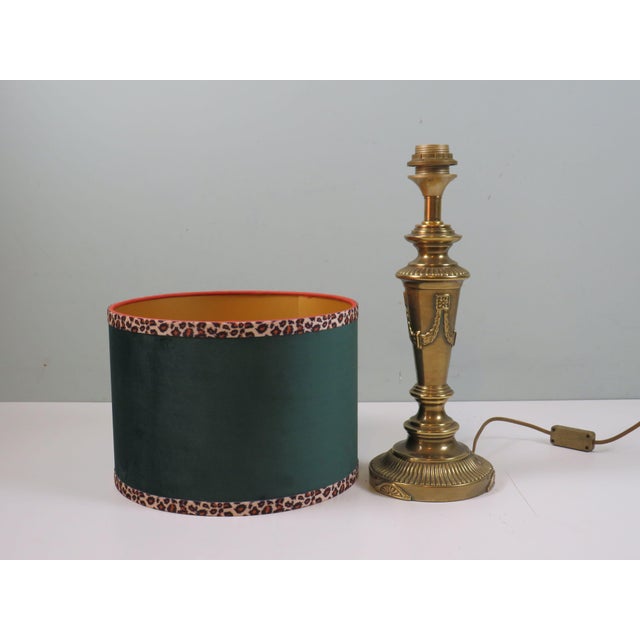 1970s Vintage Brass Table Lamp with Custom Green Velvet Shade and Panther Trim from JAB Anstoetz, 1970 For Sale - Image 5 of 11