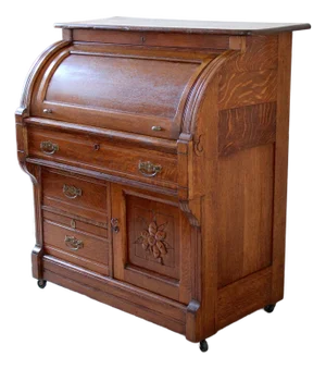 Antique Quarter-Sawn Tiger Oak Roll Top Secretary Desk With Carved Floral Cabinet & Original Key, C. 1900–1915