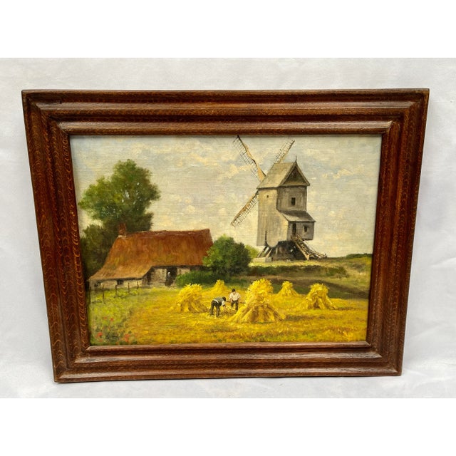 Imported from Belgium. Oil painting on wood. Beautiful farm scene gathering hay with cottage and windmill in the...