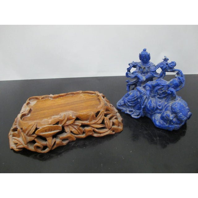 Blue Chinese Carved Lapis Lazuli 2 Figures & a Beast Figurine on Wood Stand For Sale - Image 8 of 10