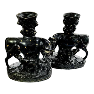 Pair of Staffordshire Cow Spill Vases in Black Glaze, 19th Century