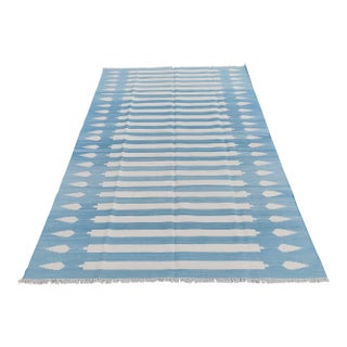 Handmade Cotton Natural Vegetable Dyed Reversible Blue and White Striped Rug - 10'x14' For Sale