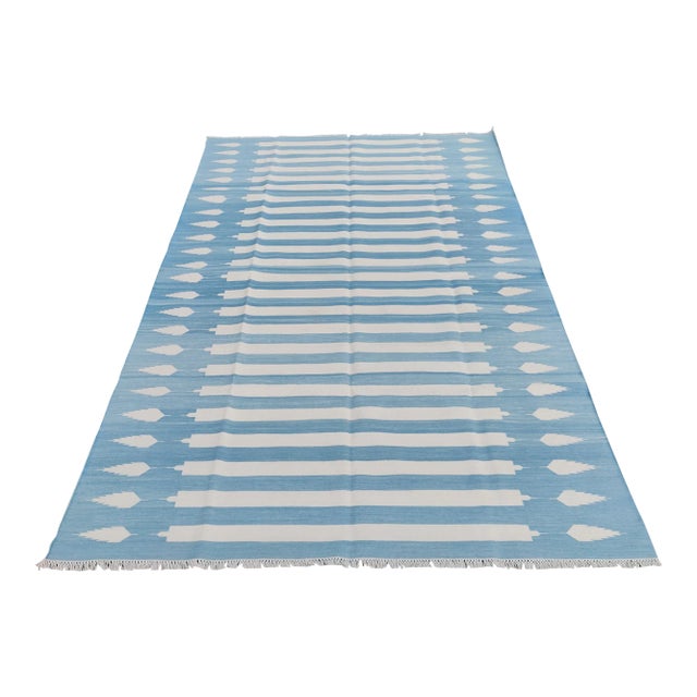 Handmade Cotton Natural Vegetable Dyed Reversible Blue and White Striped Rug - 10'x14' For Sale