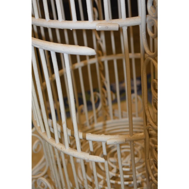 Wood Vintage Tall White Fern Head Round Wicker Hanging Bird Cage W/ Single Door For Sale - Image 7 of 17