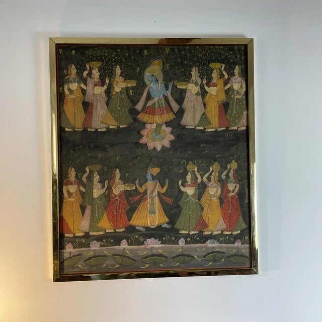 Very beautiful oil on canvas "Dancers" India, early 20th century, painting on fabrics, in a beautiful brass frame. Bright...