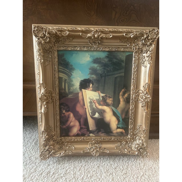 Renaissance Beautiful Vintage Oil Painting on Canvas of Cherubs in Ornate Gold Wood Frame For Sale - Image 3 of 8