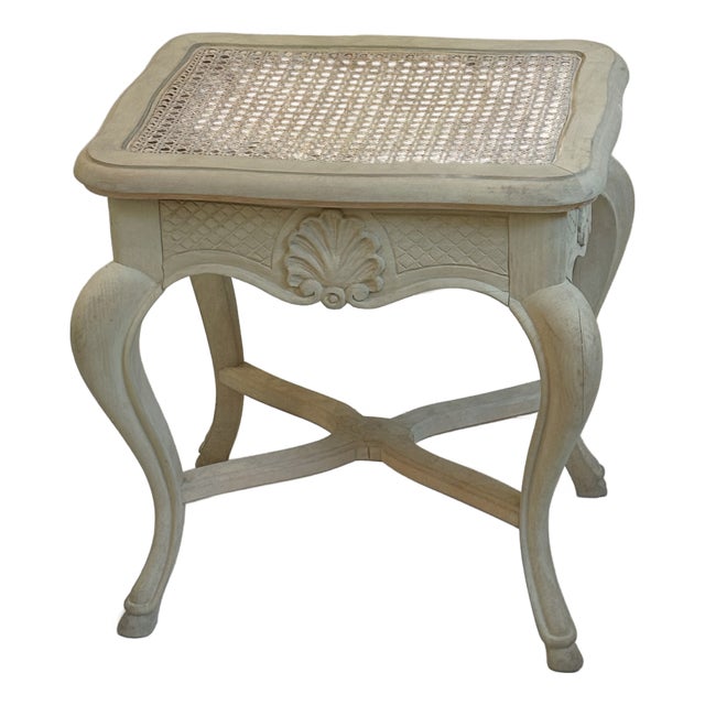 Vintage French Louis XV Style Wooden Stool / Vanity Stool With Caned Seat For Sale