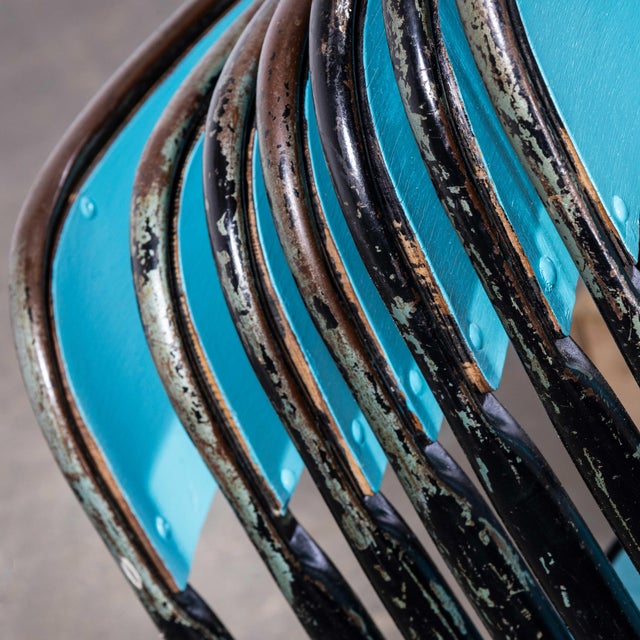 French Stacking D Back Dining Chairs in Blue from Mullca, 1950s, Set of 6 For Sale - Image 12 of 18