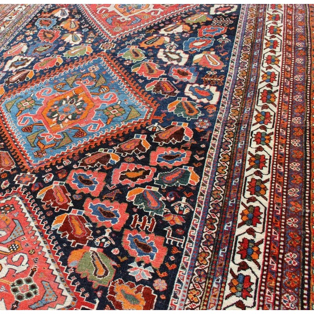 Blue Very Fine and Detailed Antique Persian Qashqai Rug in Tribal Design For Sale - Image 8 of 13