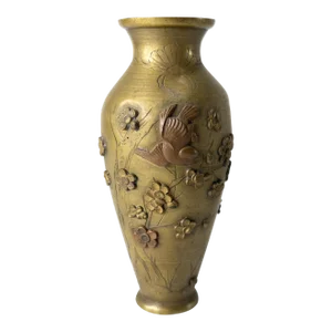 19th Century Japanese Meiji Mixed Metal Bronze Vase With Prunus Flowers