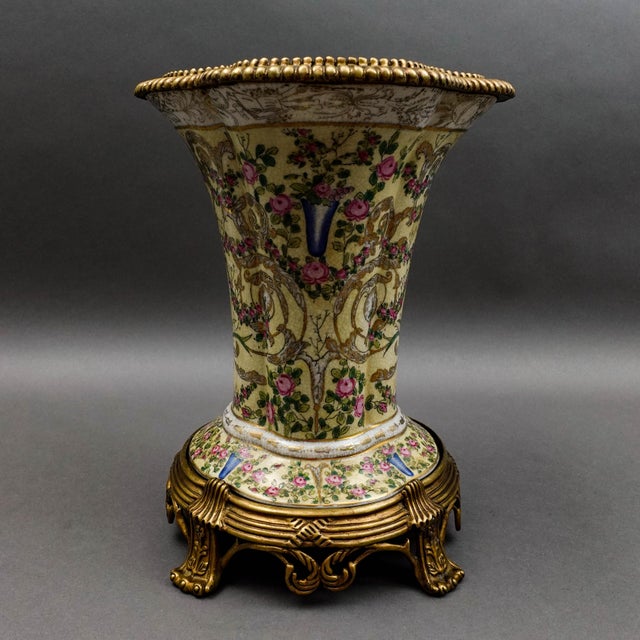United Wilson UW 1897 Crackle Hand Painted Floral Bronze & Porcelain Vase For Sale - Image 4 of 10