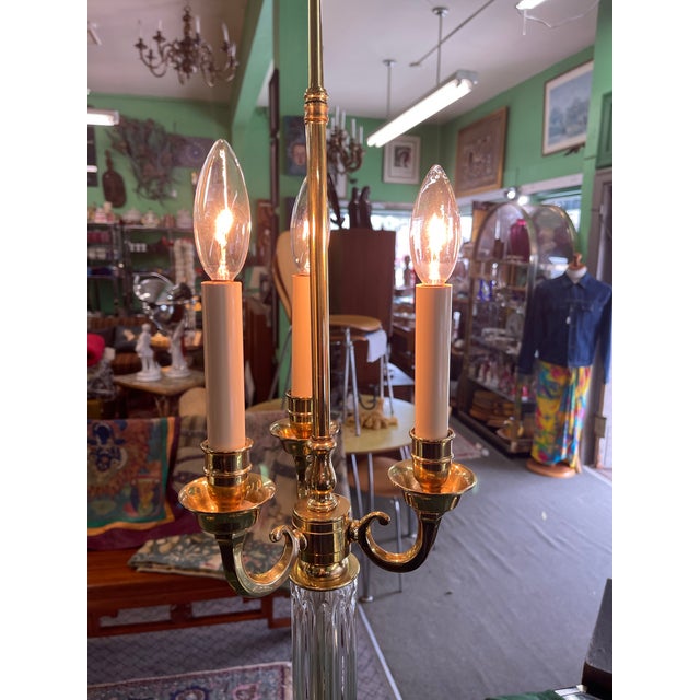 Brass Candlestick Form Brass and Crystal Table Lamps Regency Style For Sale - Image 8 of 9