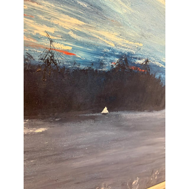 Mid-Century Modern 1971 Twilight on a Lake Sailboat & Moody Original Oil Painting Signed For Sale - Image 3 of 11