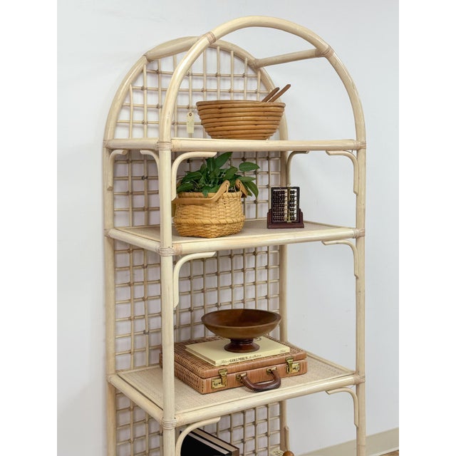 Vintage Arched Blonde Rattan Lattice Etagere Coastal Boho Hollywood Regency For Sale - Image 12 of 16