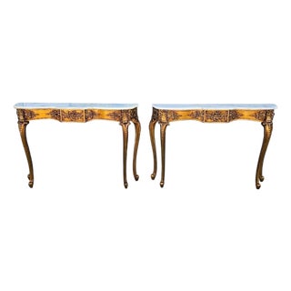 1940s Italian Marble Giltwood & Marble Console Tables-a Pair For Sale
