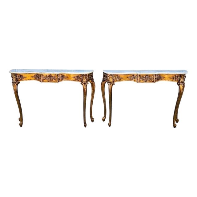1940s Italian Marble Giltwood & Marble Console Tables-a Pair For Sale