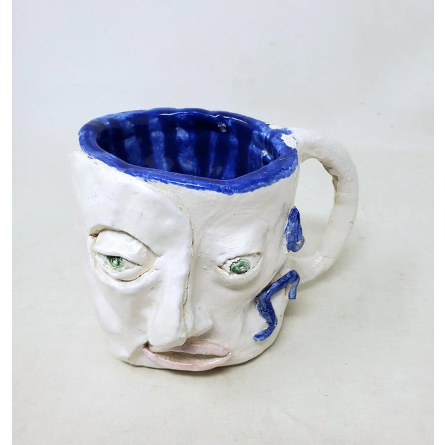 2010s Handcrafted Decorative Mug - Faces on 2 Sides - Blue Eyes and Green Eyes - Ooak For Sale In Los Angeles - Image 6 of 18
