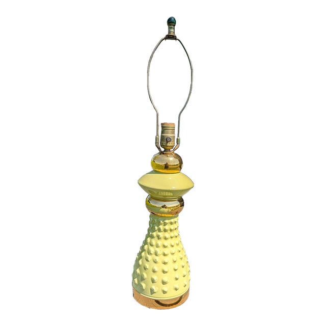 Vintage Mid Century Atomic Ceramic Lamp Base Light Lime Green and Gold With Marble Finial 1950s For Sale
