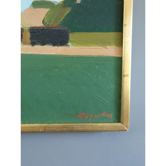 Sky Blue Mid-Century Modern 'The Stream Train' Vintage Original Landscape Oil Painting by Swedish Artist Eric Elfvén (1921–2008), Framed For Sale - Image 8 of 10