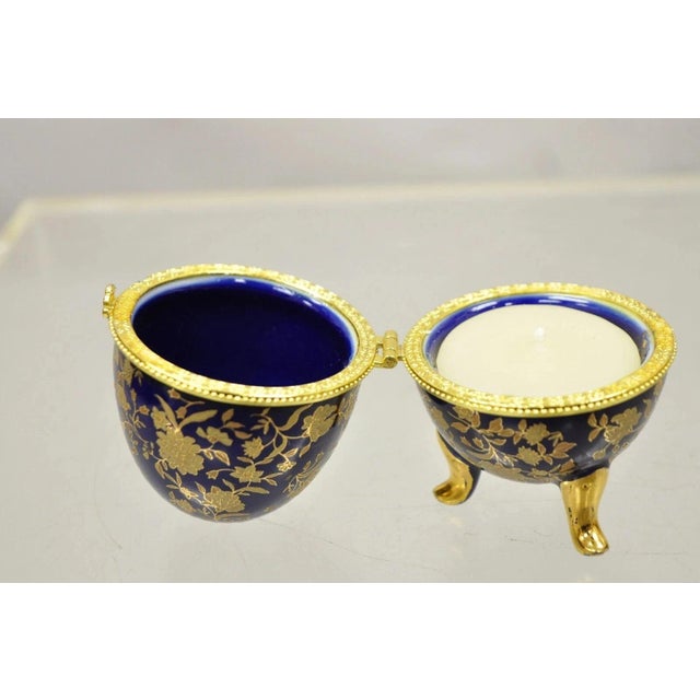 Ceramic Vintage Cobalt Blue Porcelain Egg Gold Gilt Hinged Lid Candle Trinket Box - 2 Pc For Sale - Image 7 of 12