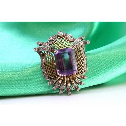 Gold Gold and Silver Brooch with Diamond Chips and Amethyst Cut For Sale - Image 8 of 8