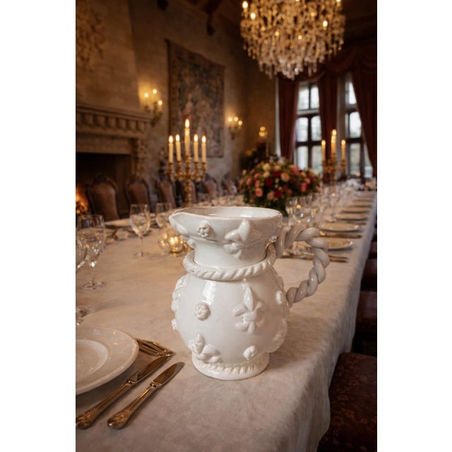 Superb antique white earthenware pitcher from Malicorne, made at the end of the 19th century by Émile Tessier, an...