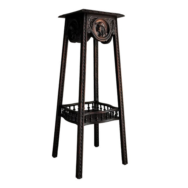 Antique Plant Stand with Carved Portraits in Oak, 1890s For Sale