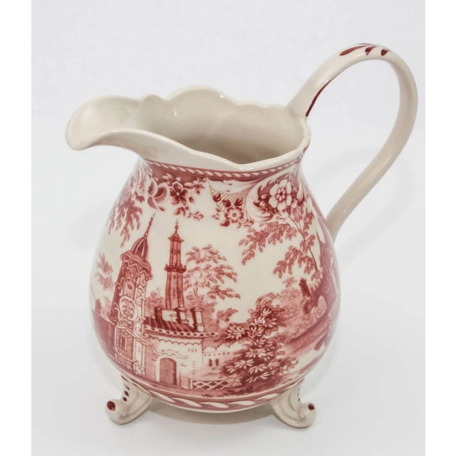 Vintage white and cranberry transferware porcelain footed pitcher This is one of my favorite colors in ceramic...