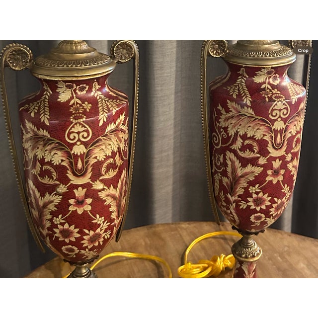 Pristine Mid 20th Century Japanese Moriage Porcelain & Brass Tall Lamps For Sale - Image 13 of 13