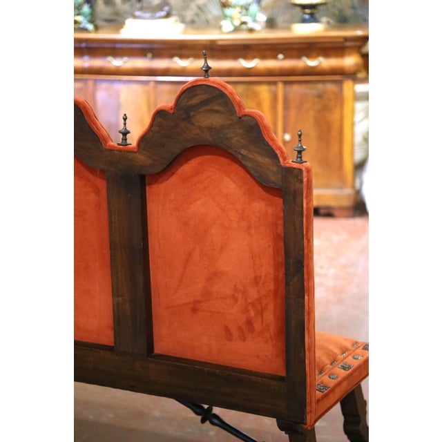 19th Century Spanish Renaissance Walnut and Velvet Three-Seat Bench For Sale - Image 12 of 12