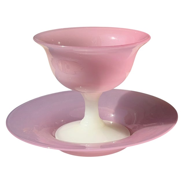 Steuben Glass Steuben Pink Opaline or Rosaline Art Glass Footed Bowl & Underplate For Sale - Image 4 of 4