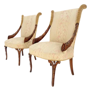 Pair of Carved Mahogany Fireside Lounge Chairs Regency Revival Style Clean!