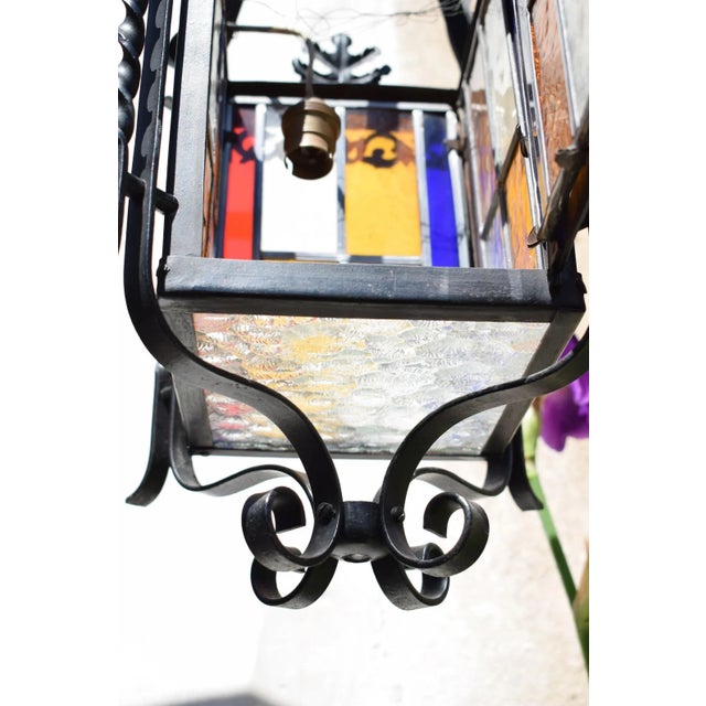 Antique Black Wrought Iron and Stained Glass Lantern, France, 1940s For Sale - Image 11 of 11