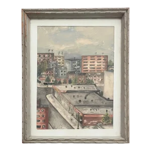 Mid Century Cityscape Painting Primitive 1953 Watercolor
