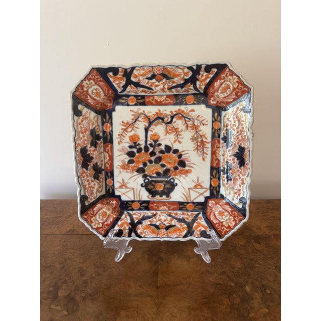 Quality Antique Hand Painted Japanese Large Imari square plate having quality hand painted panels, with a vase of flowers...