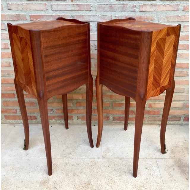 Pair of French Louis XV Style Marquetry Bedside Tables with Three Drawers, 1920s For Sale - Image 9 of 13