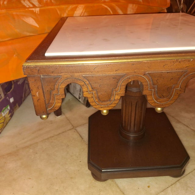 1910-20 Italian Venetian Regency Carved Mahogany/ Gilt Marble Topped Side/ Accent Tables a - Pair For Sale - Image 4 of 12