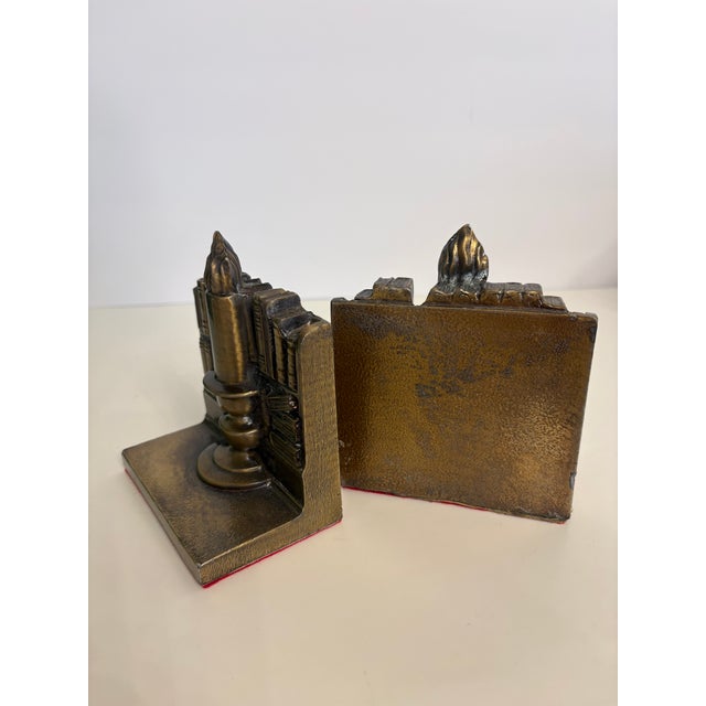 Vintage Brass Bookends Depicting a City Scape and Torch - A Pair For Sale - Image 4 of 4