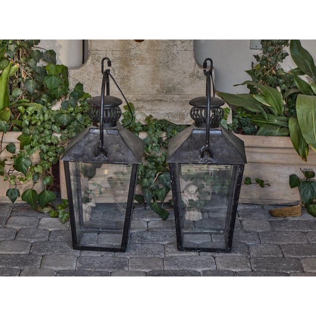 Mid 20th Century English Country House Iron Lanterns with Glass Panels, Unwired - a Pair For Sale - Image 4 of 8