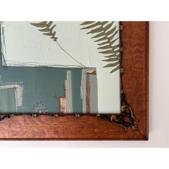 “Cabin Fern" Green Abstract Art in Antique Frame, Transitional Living Room Art by JTS For Sale - Image 4 of 11