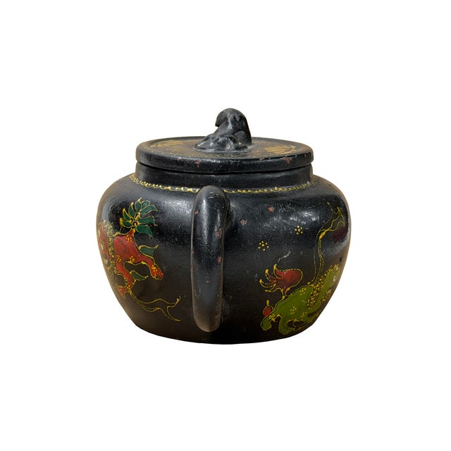 Sculpture Materials Oriental Zisha Clay Black Glaze Foo Dogs Lions Graphic Display Art Teapot For Sale - Image 7 of 10