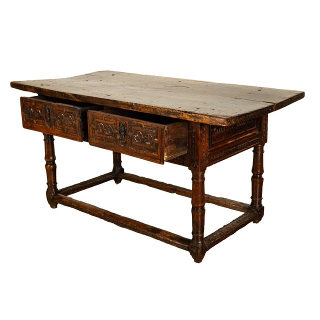 Wood Antique Late 16th Century Spanish Baroque Carved Walnut Refectory Console Table Desk 1580 For Sale - Image 7 of 12