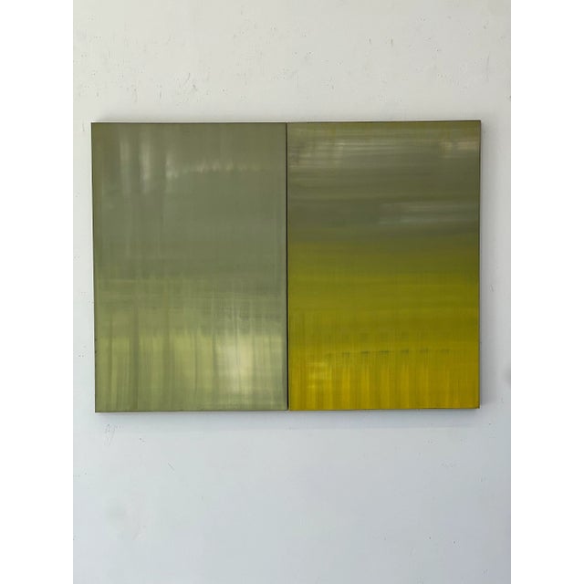 Chartreuse "Dyptich 1 & 2" Contemporary Abstract Acrylic Painting by Nina Weintraub For Sale - Image 8 of 8