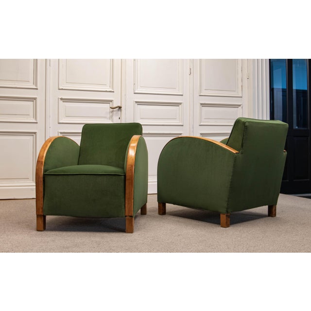 Vintage Green Velvet Lounge Chairs with Wooden Arm Overlays, Sweden, 1930, Set of 2 For Sale - Image 9 of 15