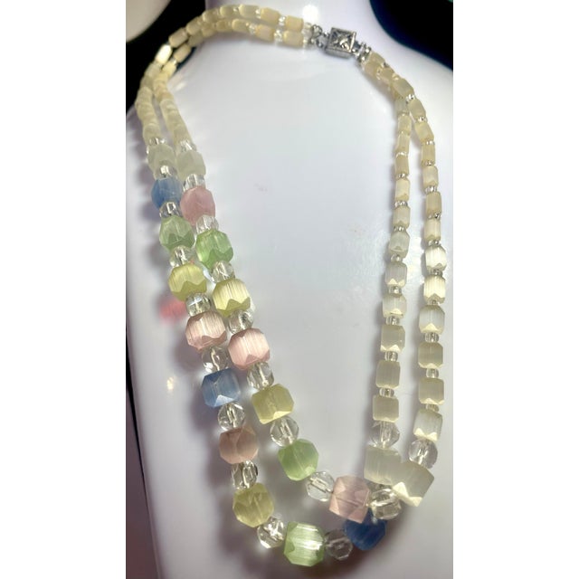 Mid-Century Modern Louis Rousselet Multi Layer Pastel Colored Satin Glass Necklace With Ornate Sterling Silver Push Clasp Art. For Sale - Image 3 of 6