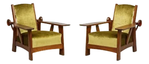 Set of Golden Green Velvet Adjustable Armchairs, 1930