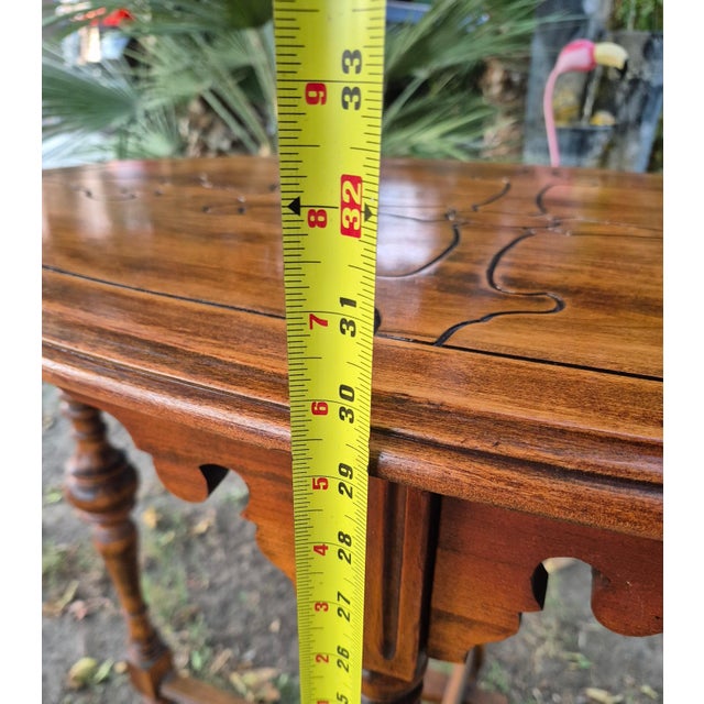Brown Antique Victorian Style Inlaid Oval Wooden Parlor Table With Turned Legs & Stretcher Base For Sale - Image 8 of 10