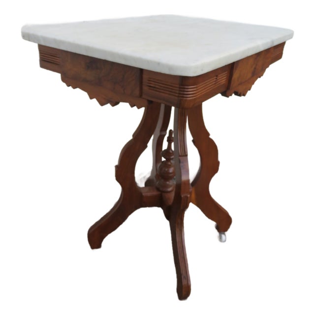 Late 1800s Victorian Eastlake Marble Top Carved Side Table 6296 For Sale