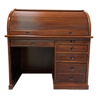 George Zee Style Roll Top Desk, Antique Wood, Vintage Design, Usa For Sale